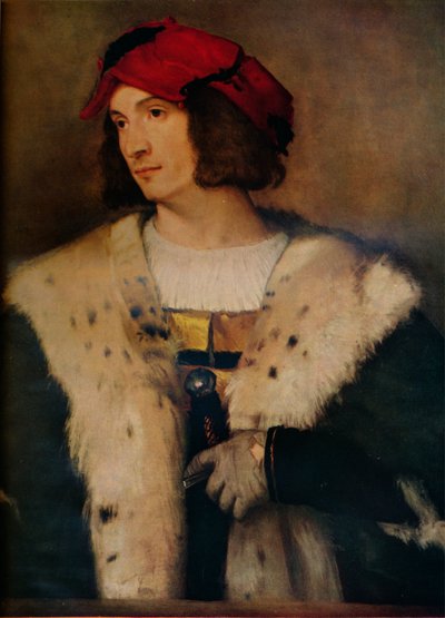 Férfi piros sapkában, c1510 alkotó: Tiziano Vecelli