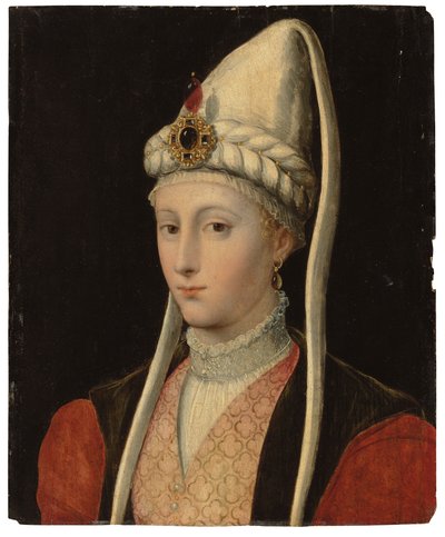 Egy nő portréja, valószínűleg Haseki Hürrem szultán, Roxelanának hívják, mellig érő, oszmán jelmezben, ékköves fejdísszel alkotó: Tiziano Vecelli