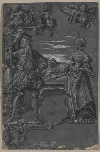 Tervezés üvegfestéshez: Férfi és nő építészeti környezetben, 1500-as évek második fele. alkotó: Tobias Stimmer