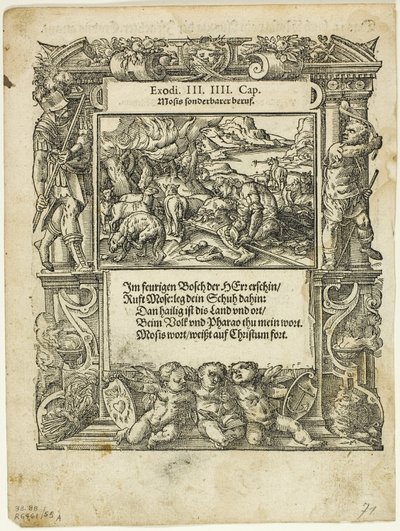 Mózes és az égő bokor (recto) és A folyóba tett csecsemő Mózes (verso) a Neue künstliche Figuren biblischer Historienből, 55. tábla a XVI. századi könyvek fametszeteiből alkotó: Tobias Stimmer