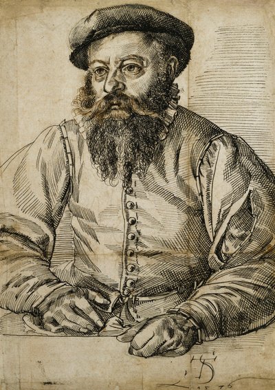Egy szakállas férfi portréja, félhosszú, asztalnál ülve, alkotó: Tobias Stimmer