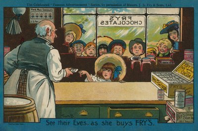 Lány csokoládét vásárol egy boltban (színes litográfia) alkotó: Tom Browne