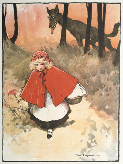 Piroskát a nagymamájához vezető úton egy baljós, kéjsóvár farkas figyeli. Tom Browne (1872-1910) illusztrációja a meséhez. Kiadva 1900 alkotó: Tom Browne
