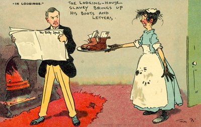 A szállás rabszolgája felhozza a csizmáját és a betűit (chromolitho) alkotó: Tom Browne
