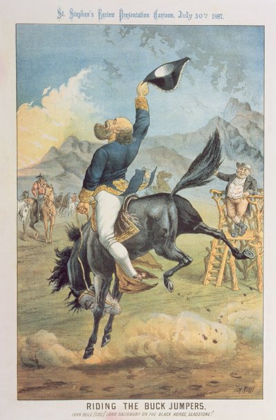 A Buck Jumpers lovaglás, Lord Salisbury a fekete lovon, Gladstone, a 