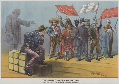 The United American Nation, szatíra a bevándorlók sokféleségéről a 19. századi amerikai társadalomban (színes litográfia) alkotó: Tom Merry