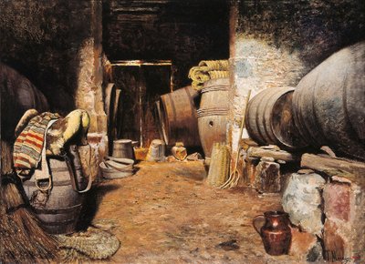 Egy cella belseje. Pajta hordókkal szénában és lónyeregben. Tomas Moragas Y Torras (1837-1906) festménye, 19. század vége. Olajfestmény. Barcelona, Katalónia Nemzeti Művészeti Múzeum. alkotó: Tomas Moragas y Torras