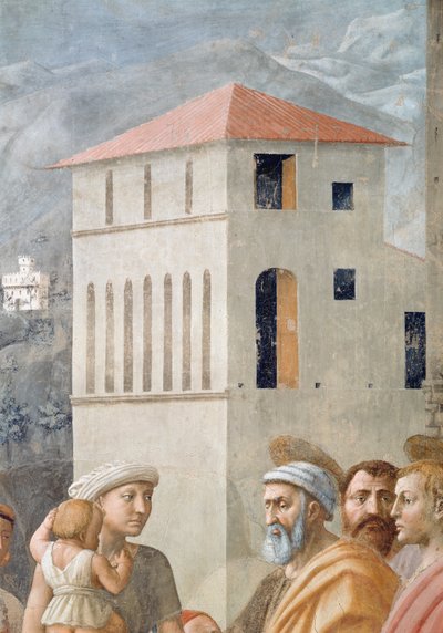 Szent Péter az egyház közös javait osztva, Anániás halála, A háttér építészetének részlete, 1427 körüli freskó lásd még 57194, 63321 és 63322 alkotó: Tommaso Masaccio