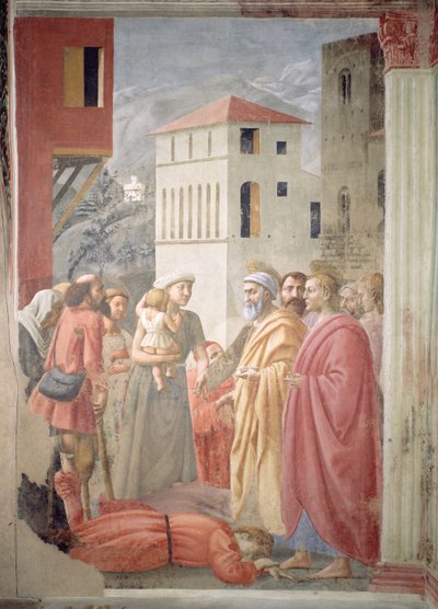 Szent Péter az Egyház közös javainak szétosztása és Anániás halála, 1427 körül alkotó: Tommaso Masaccio