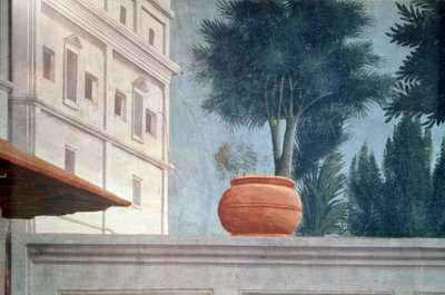 Theophilus fiának feltámadása, Antiochia királya Részlet az udvarfal feletti kilátásból, 1427 körül freskó lásd még 63302 alkotó: Tommaso Masaccio