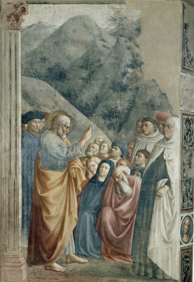Szent Péter predikációja - Tommaso di Cristoforo Fini dit Masolino da Panicale freskója (1383-1440 körül), 255x162 cm, 1425 körül. Firenze, Santa Maria del Carmine templom, Brancacci kápolna alkotó: Tommaso Masolino da Panicale