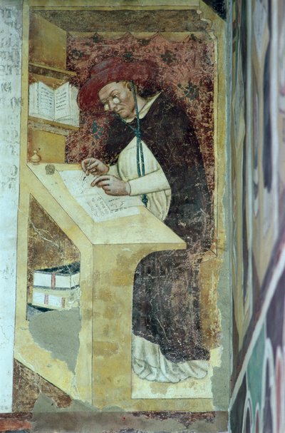 Hugues de Provence az íróasztalánál, a „Dononkos rend negyven jeles tagja” ciklusából az 1342-es káptalanházban alkotó: Tommaso da Modena