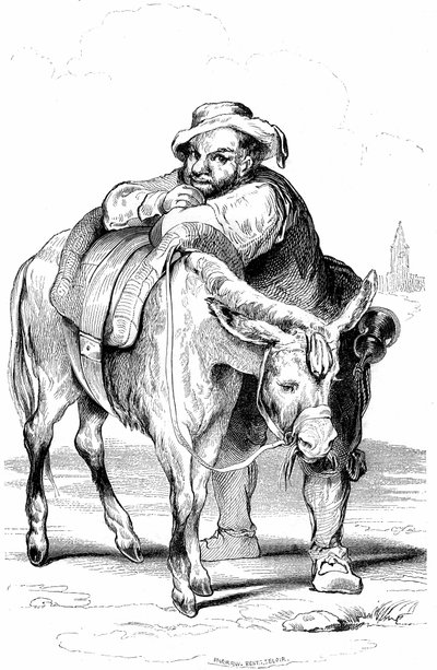 Sancho Panza (Panca), Don Quijote (Quijote, Quijote) földesura és szamara. Cervantes regényének illusztrációja, amelyet Franciaországban 1845-ben a Dubochet  Cie adott ki, Louis Viardot fordítása, a metszeteket ony Johannot készítette. alkotó: Tony Johannot