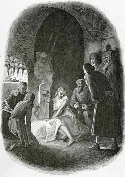 Esmeralda kihallgatása – illusztráció a Notre Dame de Parisból, 19. század (bw metszet) alkotó: Tony Johannot