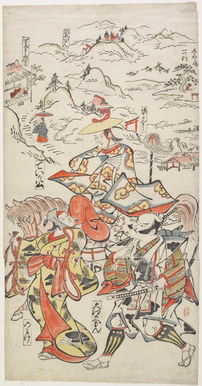 Fujiwara no Teika lóháton O_e Saemon és The Woman Nowake kíséretében, c. 1710 alkotó: Torii Kiyomasu II