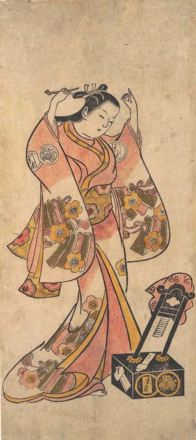 Sanjo Kantaro, mint egy lakktükör előtt a haját rendező nő, 1763 előtt. alkotó: Torii Kiyomasu II.