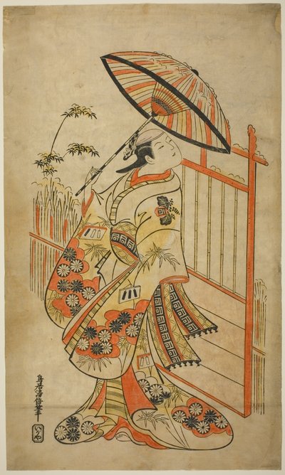 I. Sanogawa Mangiku színész Sanadát, a fonó Itoya lányát alakítja a "Hiragana Yomeiri Izu Nikki" című darabban, amelyet a Nakamura Színházban 1718. tizenegyedik hónapjában mutattak be. alkotó: Torii Kiyomasu II