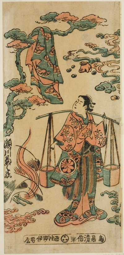 I. Segawa Kikunojo színész Mizue Gozen szerepében a Suehiro Izu Nikki című darabban, amelyet a Nakamura Színházban mutattak be 1745 (?) tizenegyedik hónapjában. alkotó: Torii Kiyomasu II
