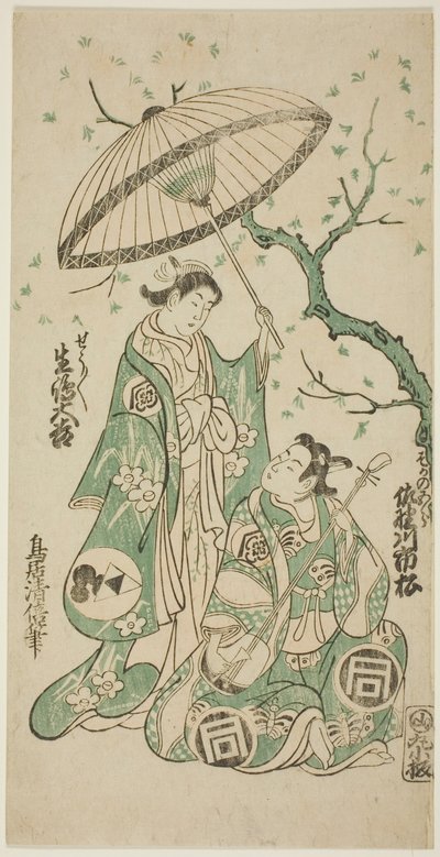 A színészek Sanogawa Ichimatsu I mint Soga no Goro és Ikushima Daikichi II mint Kewaizaka no Shosho a "Monzukushi Nagoya Soga" című darabban, amelyet az Ichimura Színházban mutattak be 1748 első hónapjában. alkotó: Torii Kiyomasu II