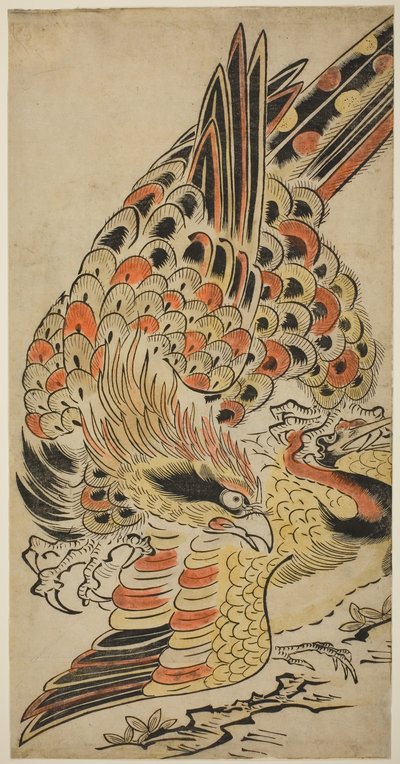Egy sólyom, aki repülés közben elfog egy darut, 1715 körül (kézzel színezett fatömbnyomat) alkotó: Torii Kiyomasu I