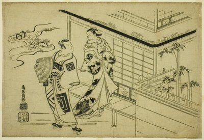 A színészek Nakamura Takesaburo I Kewaizaka no Shosho szerepében és Ichikawa Danjuro II Soga no Goro szerepében a "Bando Ichi Kotobuki Soga" című darabban, amelyet a Nakamura Színházban mutattak be 1715 első hónapjában. alkotó: Torii Kiyomasu I
