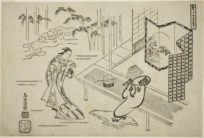 A színészek Nakamura Takesaburo I. mint Kewaizaka no Shosho és Ichikawa Danjuro II. mint Soga no Goro komusónak öltözve a "Bando Ichi Kotobuki Soga" című darabban, amelyet a Nakamura Színházban adtak elő az első hónapban. alkotó: Torii Kiyomasu I