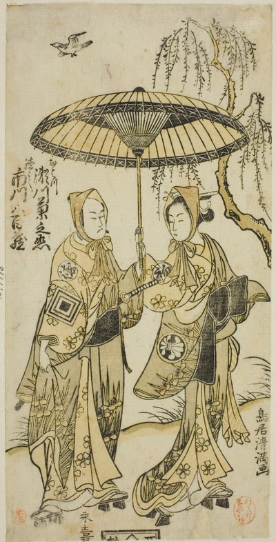 A színészek Segawa Kikunojo II mint Ohatsu és Ichikawa Yaozo II mint a szeretője Tokubei a "Yoni Osaka Nitsui no Meoto" című darabban, amelyet az Ichimura Színházban adtak elő a második hónapban, 1767-ben. alkotó: Torii Kiyomitsu I