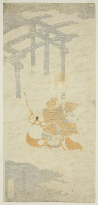 A harcos Sasaki Shiro Takatsuna Takatsuna lóháton kel át az Uji folyón alkotó: Torii Kiyomitsu I