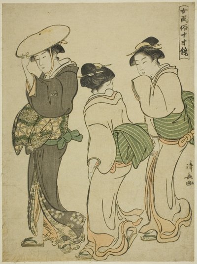 Egy nő és két szobalány, az "A női modor tükre (Onna fuzoku masu kagami)" sorozatból alkotó: Torii Kiyonaga