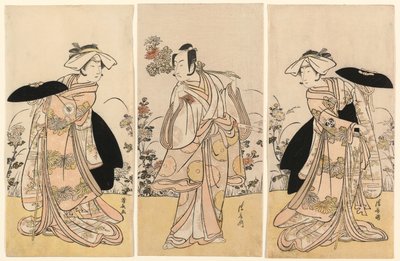 Bando Mitsugoro II mint Tennen no Mansaku-kitsune és Ichikawa Monnosuke III mint Nikaido Shinanonosuke és Iwai Hanshiro IV mint Okura no Kojoro-kitsune a Moto Mishi Yuki Sakae Hachi-no-ki (Nidaime Bando Mitsugoro no Tennen no mansak) című dráma jelenetében alkotó: Torii Kiyonaga