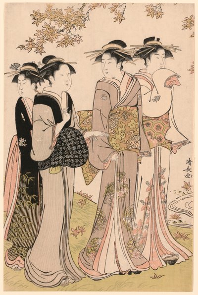 Szépségek a juharfa alatt, a "A Pleasure Quarters kortárs szépségeinek gyűjteménye (Tosei yuri bijin awase)" sorozatból alkotó: Torii Kiyonaga