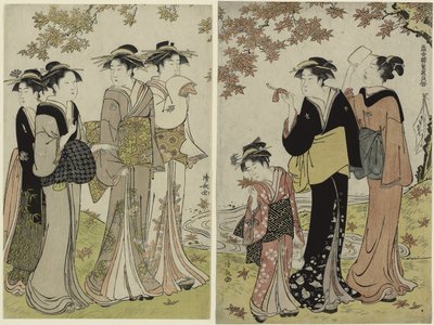 Szépségek a juharfa alatt, a "A Pleasure Quarter kortárs szépségeinek gyűjteménye" sorozatból alkotó: Torii Kiyonaga
