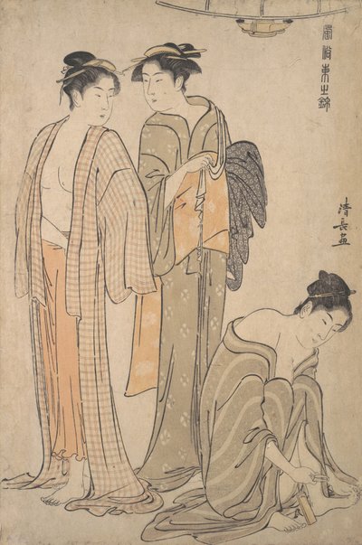 Lábkörmök levágása, WC a fürdő után. alkotó: Torii Kiyonaga