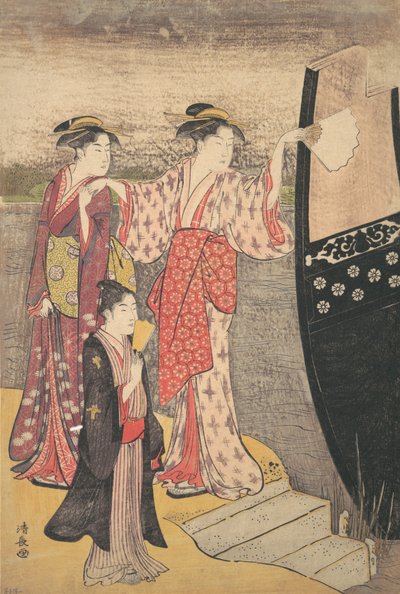 Kiszállás egy sétahajóról a Sumida folyón. alkotó: Torii Kiyonaga