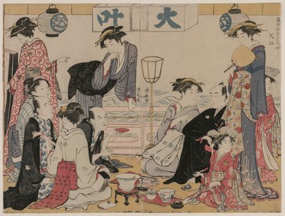 Szórakozás a vízparti erkélyen Nakasuban..., 1783. alkotó: Torii Kiyonaga