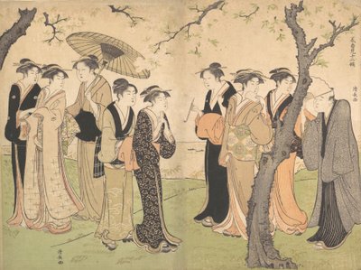 Hat gésa csoportja a cseresznyefák alatt, Gotenyamán, kb. 1785. alkotó: Torii Kiyonaga