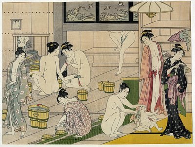 The Bathhouse Women – Torii Kiyonaga (1752-1815) munkája, nyomat (18 x 13,5 cm), 1790 körül – Magángyűjtemény alkotó: Torii Kiyonaga