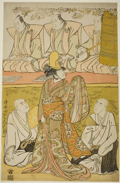 A színész Nakamura Nakazo I a Shirabyoshi Katsuragi, Matsumoto Koshiro IV mint Meigetsubo szerzetes, és Otani Hiroji III mint Izayoibo szerzetes az „Edoganoko Musume Dojoji” című darabban, amelyet az Ichimura Színházban mutattak be 1783 nyolcadik hónapjába alkotó: Torii Kiyonaga
