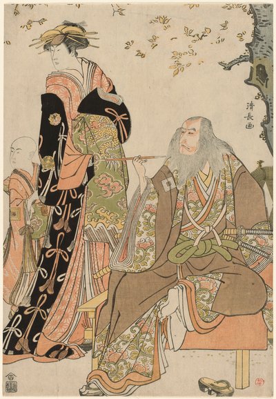 A színészek Ichikawa Danjuro V. mint Hige no Ikyu, Nakamura Riko mint Agemaki és Ichikawa Ebizo mint Agemaki kísérője a "Sukeroku Yukari no Edozakura" című darabban a Nakamura Színházban 1784 harmadik hónapjában. alkotó: Torii Kiyonaga
