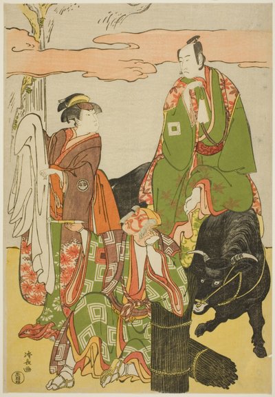 A színészek Ichikawa Monnosuke II mint Miyukinosuke, Segawa Kikunojo III mint Hatsune-hime és Ichikawa Danjuro V mint Ninnaji no Saibei, a joruri "Shitenno Oe no Yamairi" című filmben a Kiri Színházban mutatták be 1785. tizenegyedik hónapjában. alkotó: Torii Kiyonaga