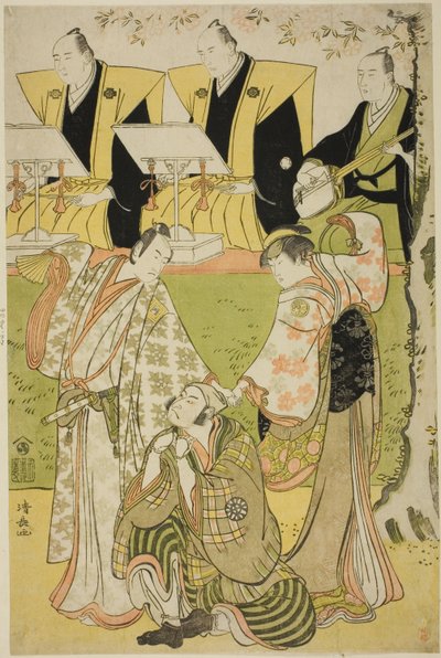 A színészek Ichikawa Monnosuke II mint Munesada, Segawa Kikunojo III mint az udvarhölgy Sumizome és Nakamura Nakazo I mint Sekibei a "Tsumoru Koi Yuki no Seki no To" című darabban, amelyet a Kiri Színházban mutattak be 1784 tizenegyedik hónapjában. alkotó: Torii Kiyonaga