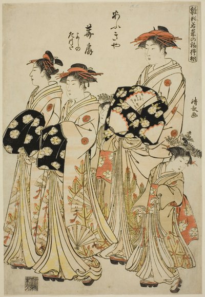 Az Ogiya udvarhölgye, Hanaogi kísérőivel, Yoshinóval és Tatsutával, a "Modells for Fashion: New Designs olyan friss, mint a fiatal levelek (Hinagata wakana no hatsu moyo)" sorozatból. alkotó: Torii Kiyonaga