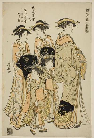 A Daimonjiya udvarhölgye, Shigeki és Naname kísérőivel, a "Modells for Fashion: New Designs olyan friss, mint a fiatal levelek (Hinagata wakana no hatsu moyo)" sorozatból. alkotó: Torii Kiyonaga