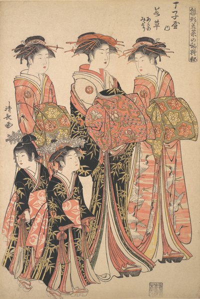 Wakakusa udvarhölgy a Chojiya bordélyházból, valamint Asano és Midori kísérői, kb. 1783. alkotó: Torii Kiyonaga