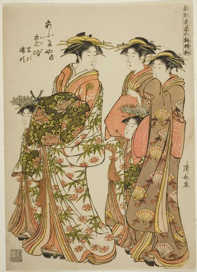 Az udvarhölgy a Pa-on Az ogiya udvarhölgye, Toji kísérőivel, Satojival és Urajival, a "Modells for Fashion: New Designs olyan friss, mint a fiatal levelek (Hinagata wakana no hatsu moyo)" sorozatból, a Yoshiwarában kamurója kíséretében. az o alkotó: Torii Kiyonaga