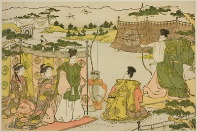 Az újév első íjász gyakorlata (Yumi hajime), a "Hármas hajnal színei (Saishiki mitsu no asa)" című illusztrált könyvből alkotó: Torii Kiyonaga