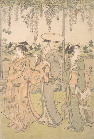 Három nő és egy kisfiú egy Wisteria lugas alatt, egy patak partján, kb. 1790. alkotó: Torii Kiyonaga