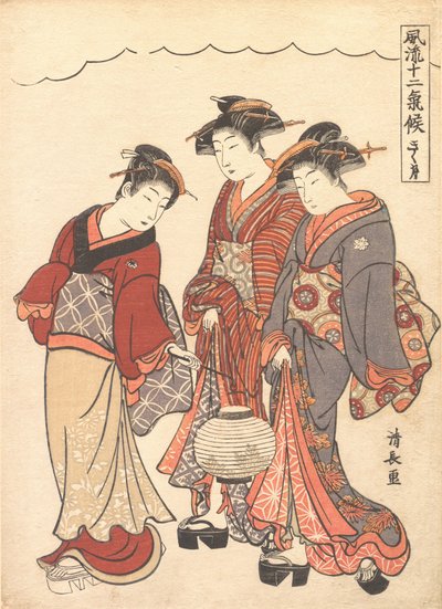 Két gésa, előtte egy lámpást hordozó szobalány, kb. 1778. alkotó: Torii Kiyonaga
