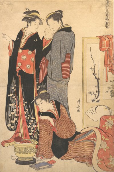 Két nő áll, kezében egy gyermek, kb. 1785. alkotó: Torii Kiyonaga