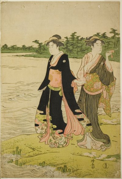 Két nő kompra vár a Sumida folyón alkotó: Torii Kiyonaga